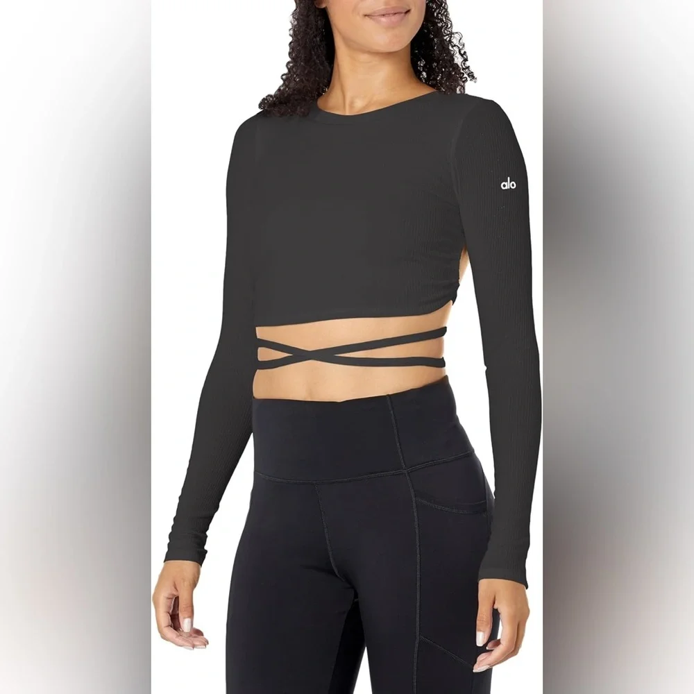 ALO Yoga Coquette Black Ribbed Long-Sleeve Wrap Crop Top